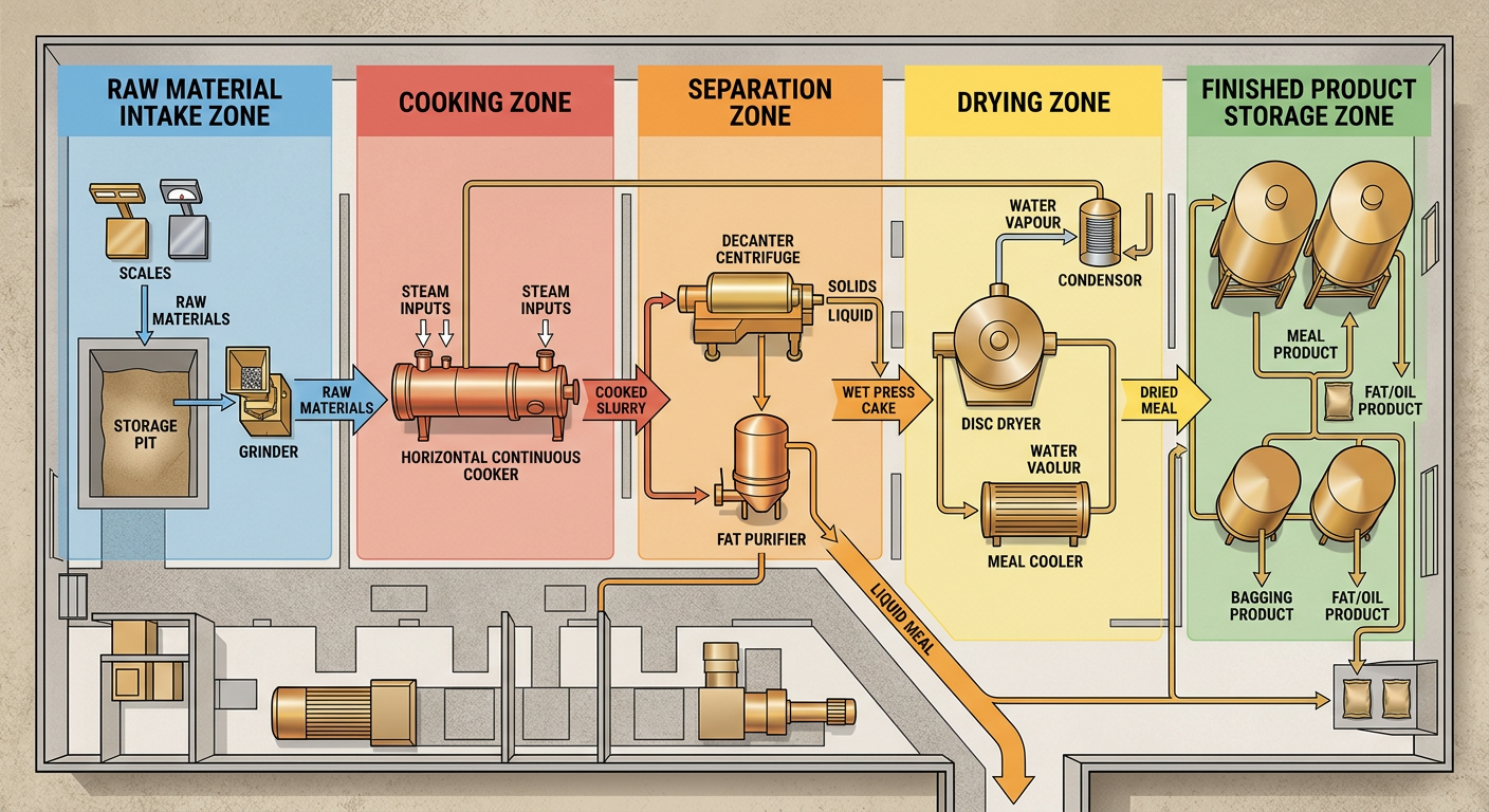 Rendering plant process flow diagram showing raw material intake, cooking, separation, drying, and finished product zones