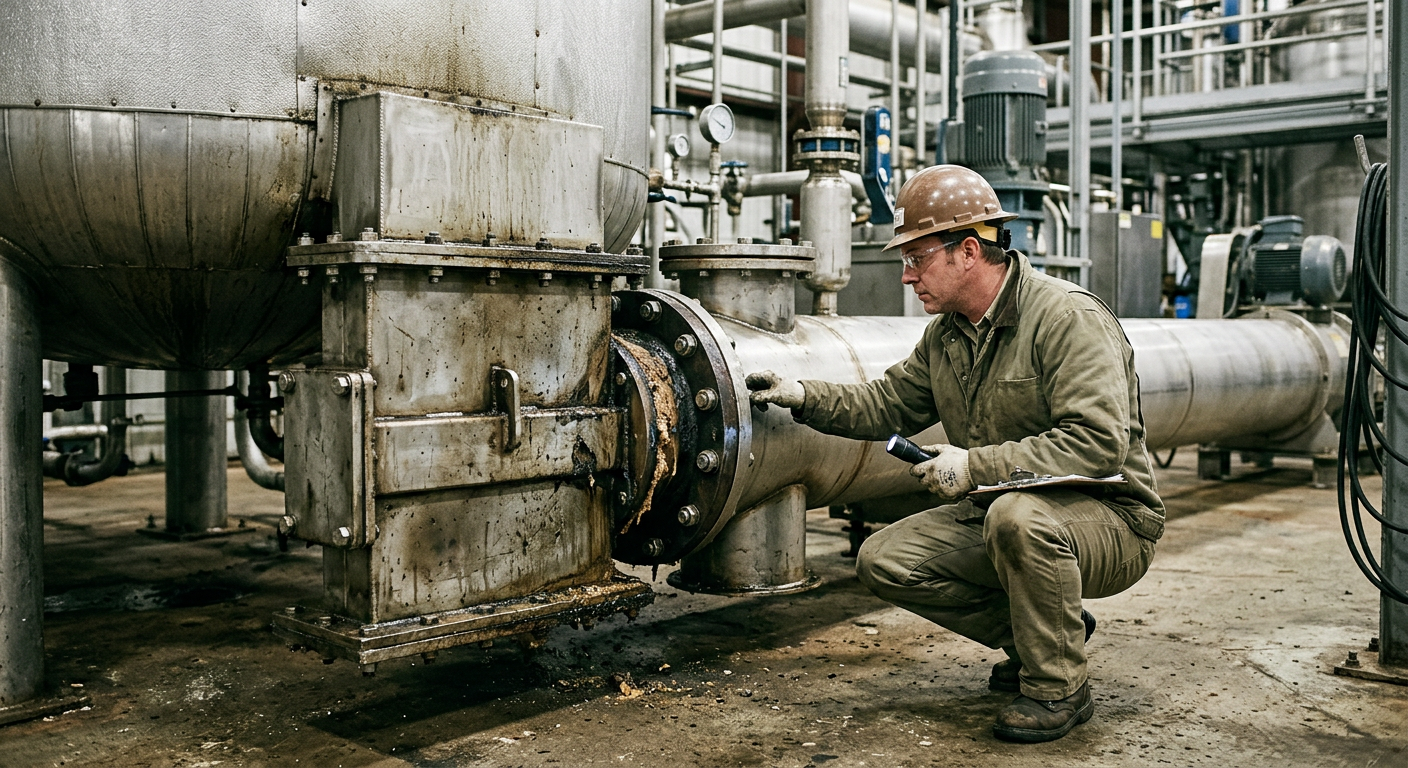 Batch cooker discharge gate and conveyor connection on a rendering plant production floor