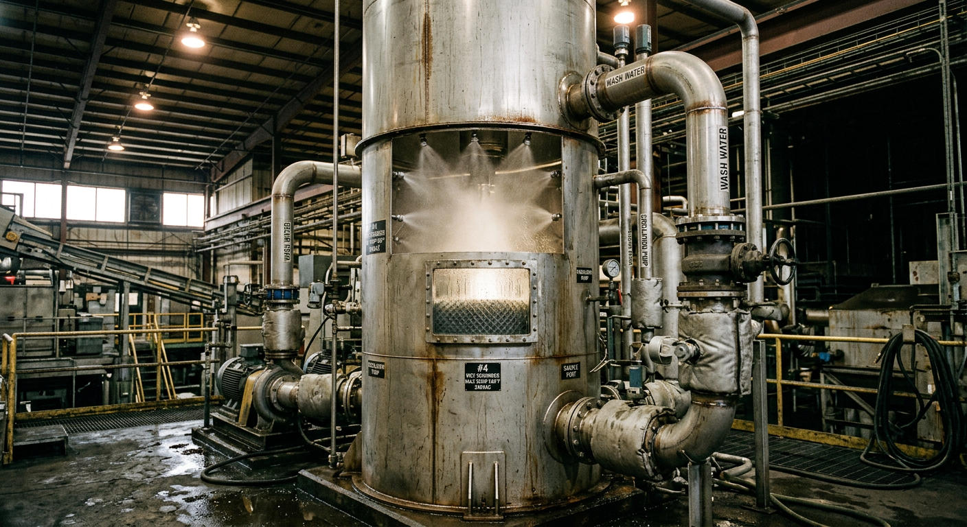 Stainless steel wet scrubber tower with spray nozzles and packing bed inside a rendering plant facility